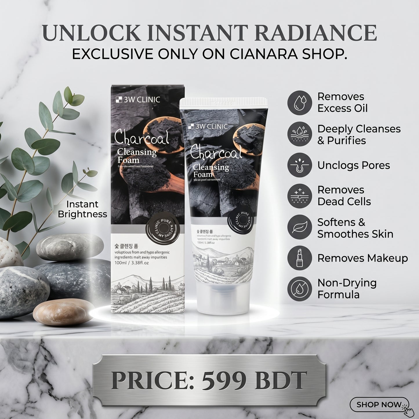 3W Clinic Charcoal Foam Cleansing Face Wash 100ml – Deep Pore Cleansing | Oil Control | Instant Brightness