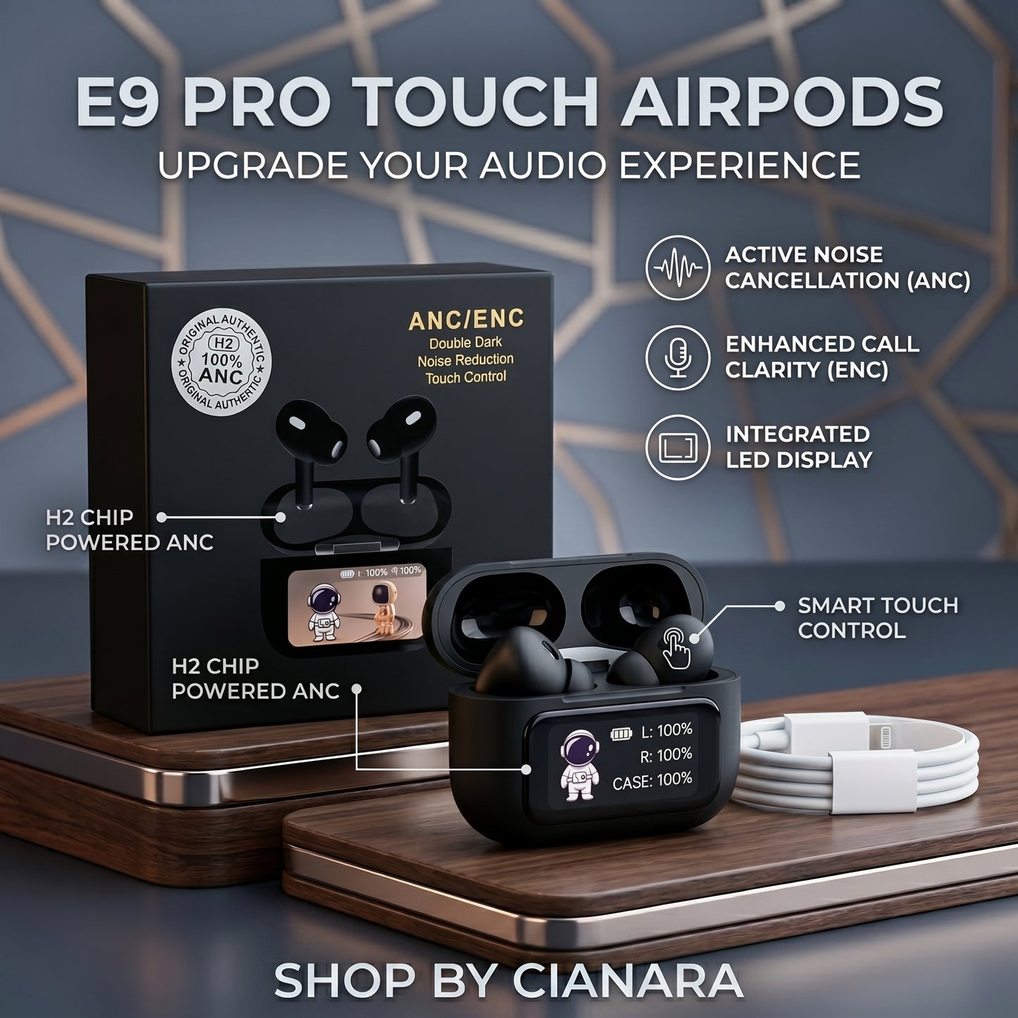 E9 Pro Touch AirPods – LED Display Case | ANC & ENC | Bluetooth 5.3 | Type-C Fast Charging | HD Stereo Sound