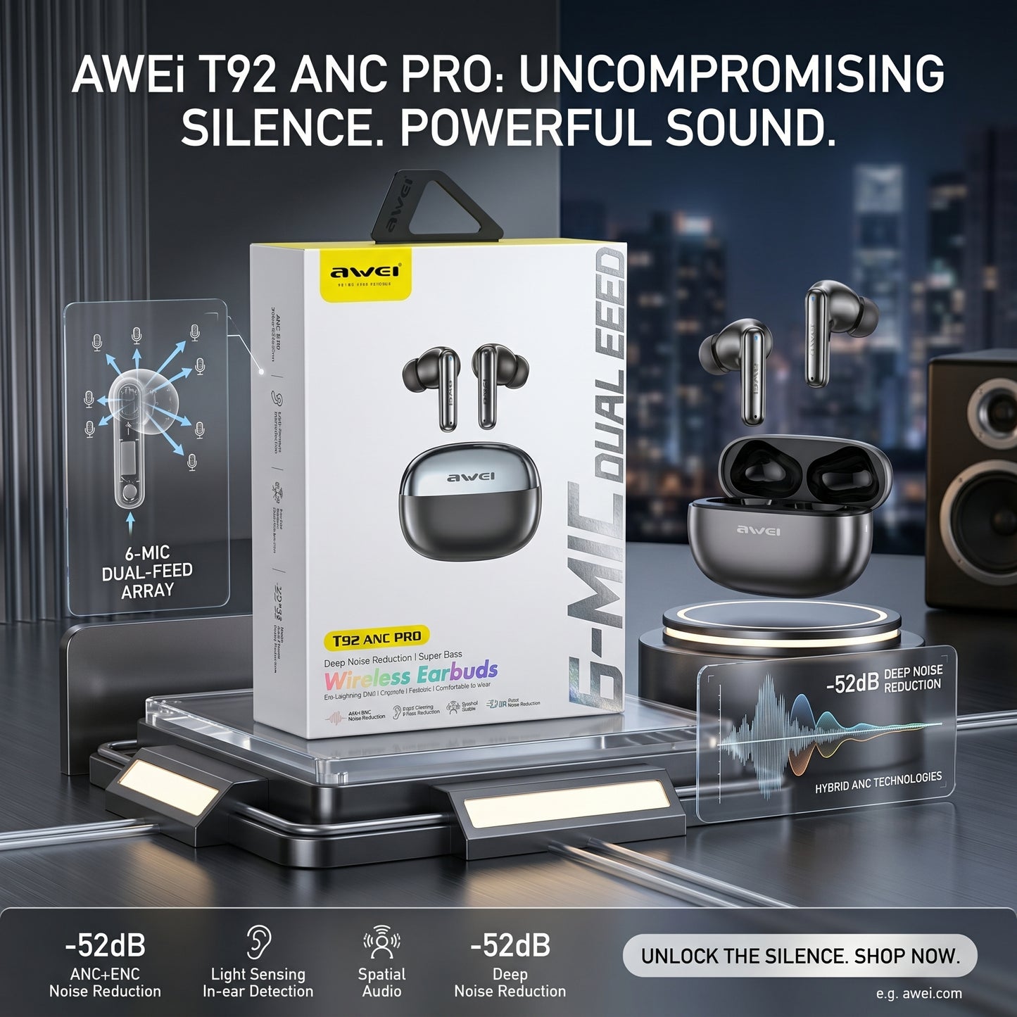Awei T92 Anc Pro 6-mic Deep Noise Reduction Wireless Earbuds