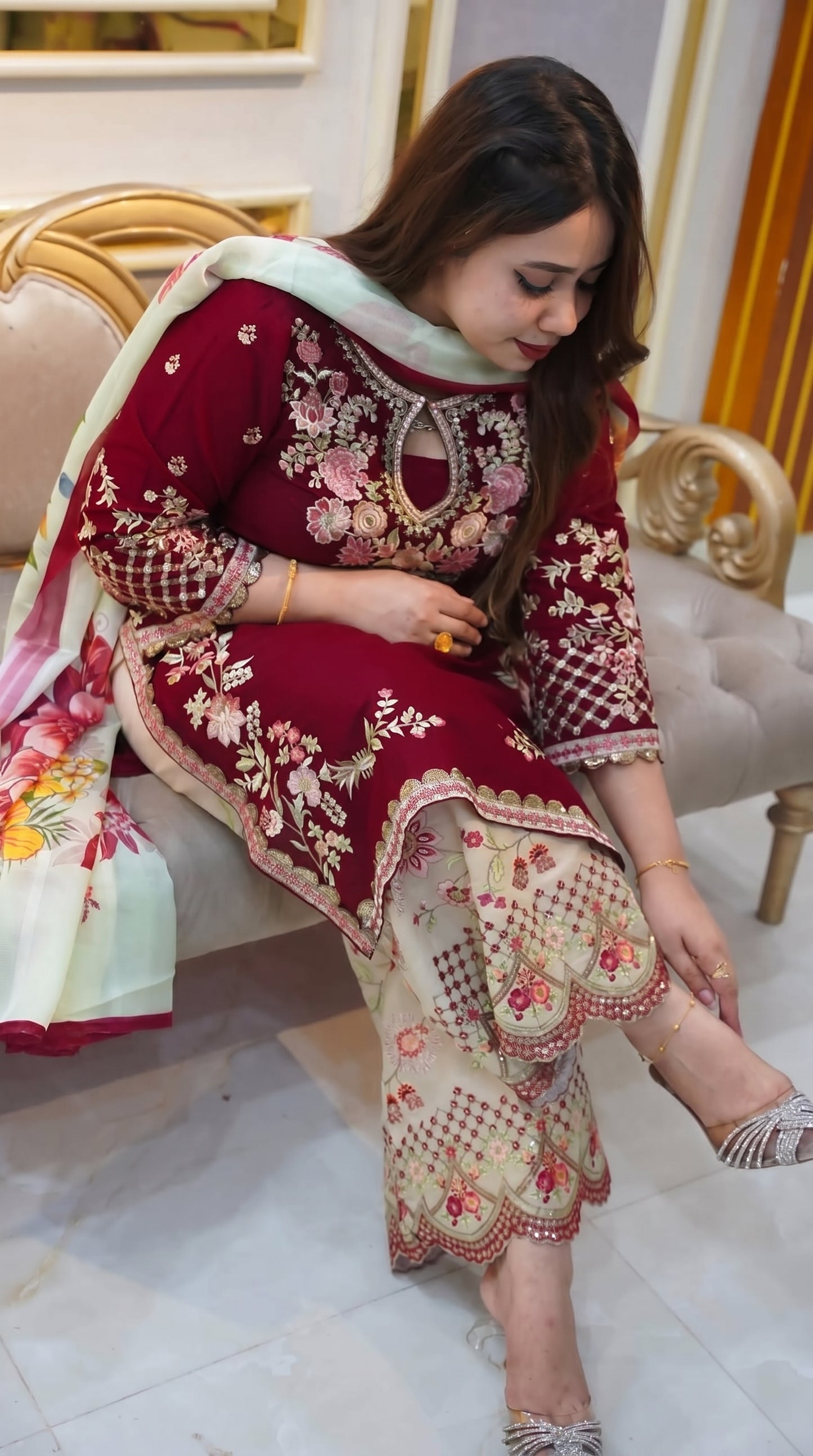 Premium Maroon Cotton Garara Suit | Embroidered Kameez & Pant