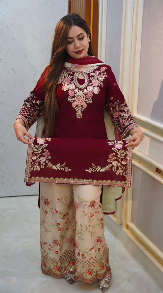 Premium Maroon Cotton Garara Suit | Embroidered Kameez & Pant