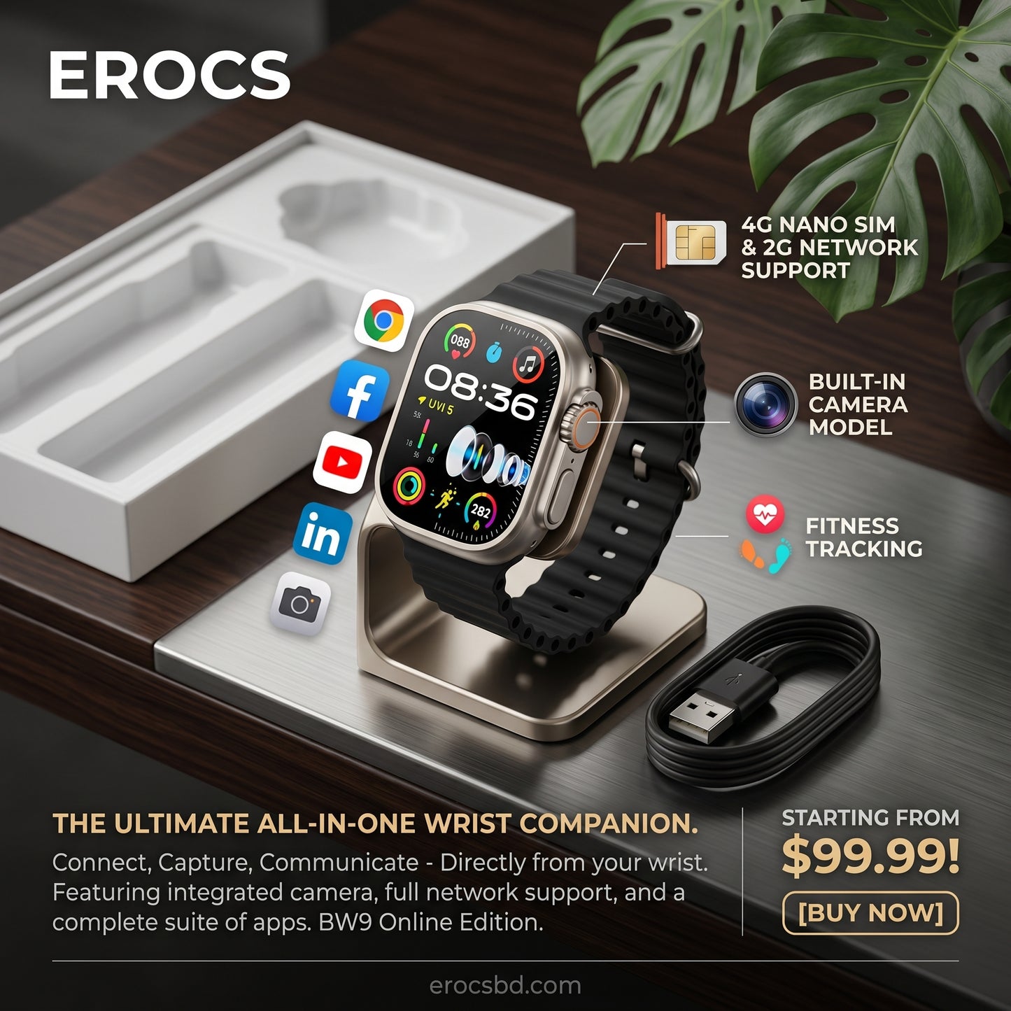 BW9 Pro 4G SIM Phone Watch – 2.0" HD | Popup Folding Camera | Android | 1GB RAM | Bluetooth Calling | Black