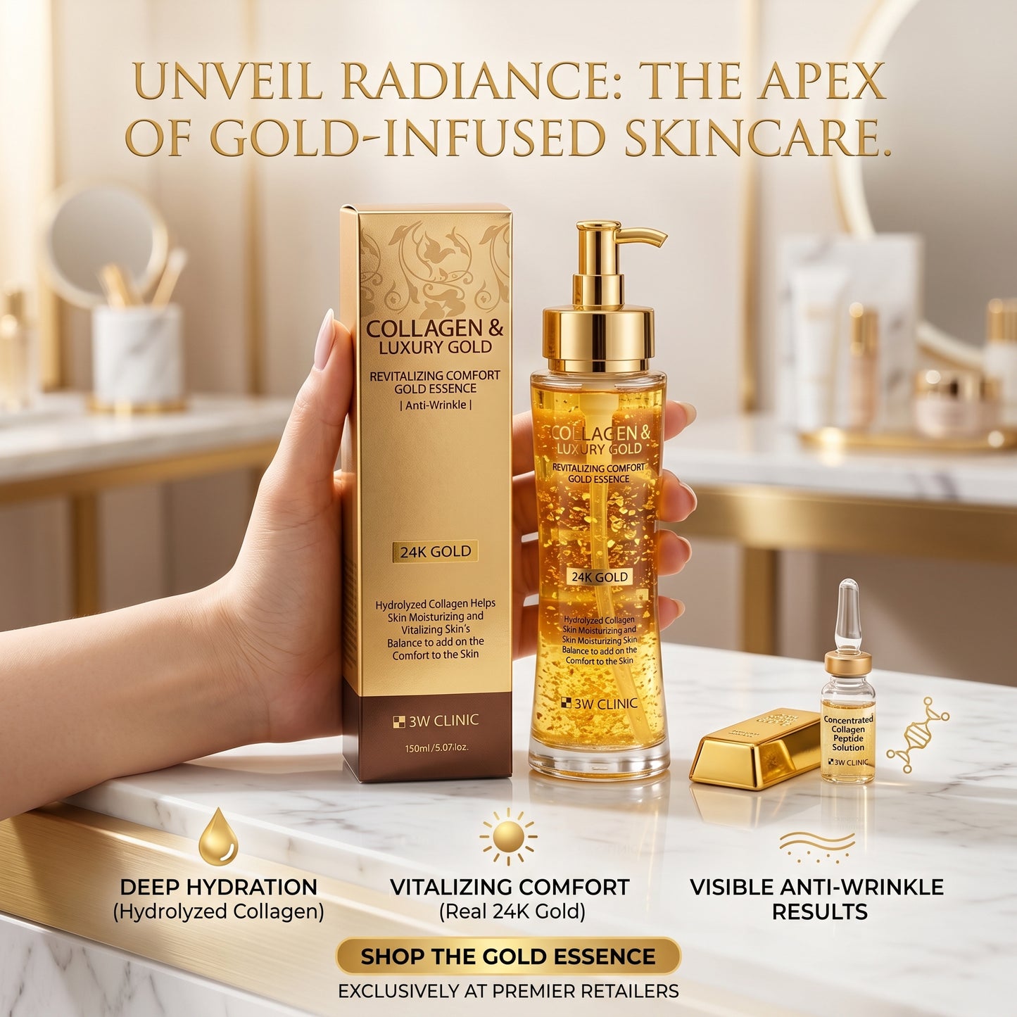 3W Clinic Collagen & Luxury Gold Revitalizing Comfort Essence 150ml – Marine Collagen | Hyaluronic Acid | Anti-Aging