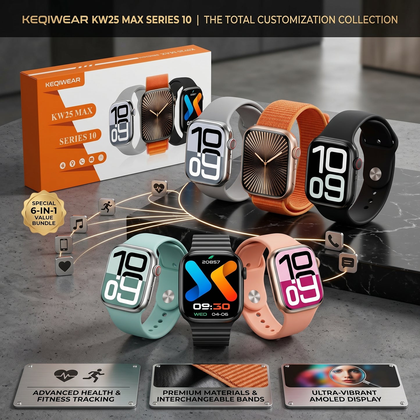 Keqiwear KW25 Max Smartwatch – HD Display | 3 Straps Included | Premium Style Watch