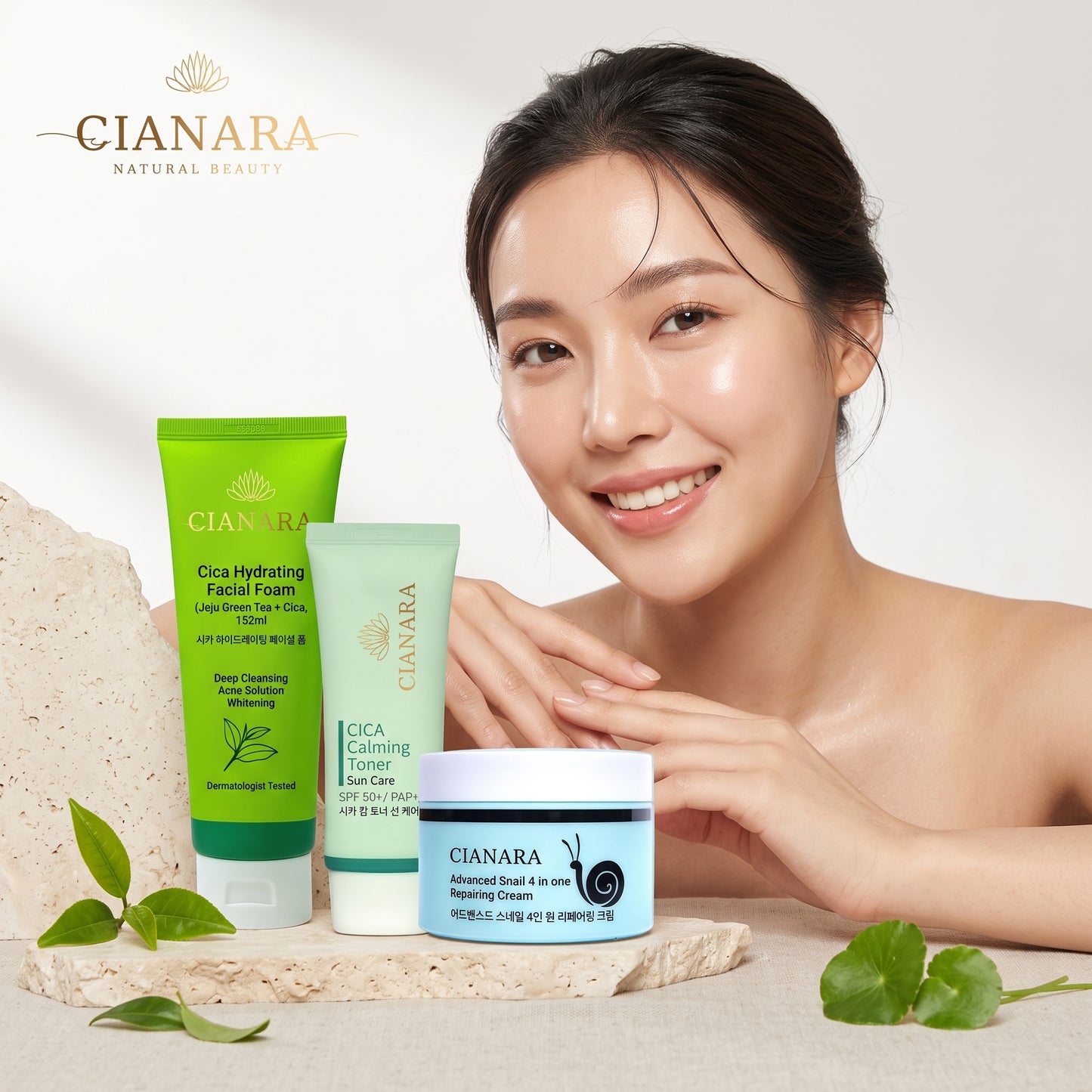 Anti-Acne + Skin Repair Combo – Jeju Green Tea CICA Facial Foam + CICA Calming Sun Cream SPF50+ + Advanced Snail 4-in-1 Repairing Cream (3-in-1 Set)