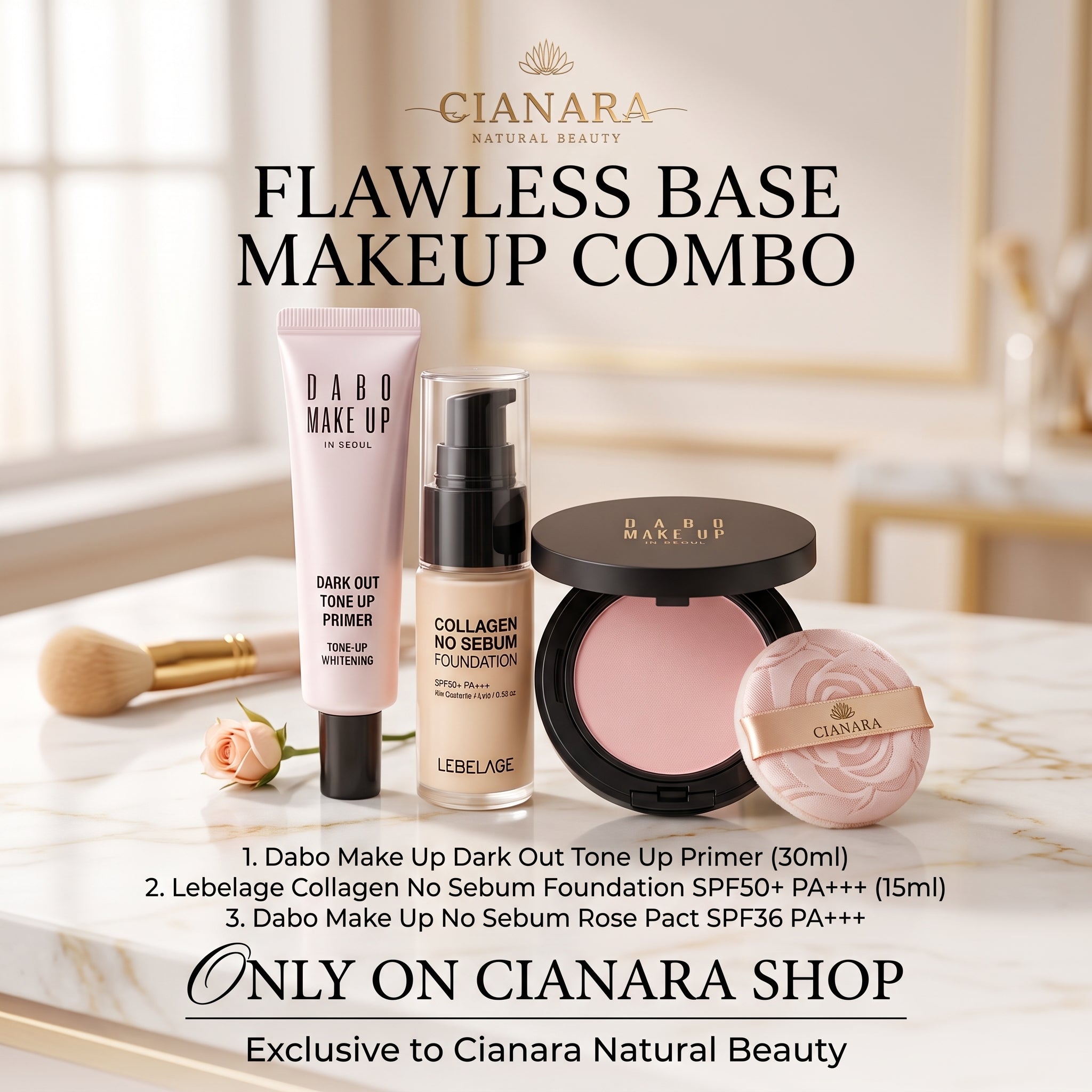 Flawless Base Makeup Combo – Lebelage Foundation + Dabo Rose Pact + Dark Out Primer (3-in-1 Set)