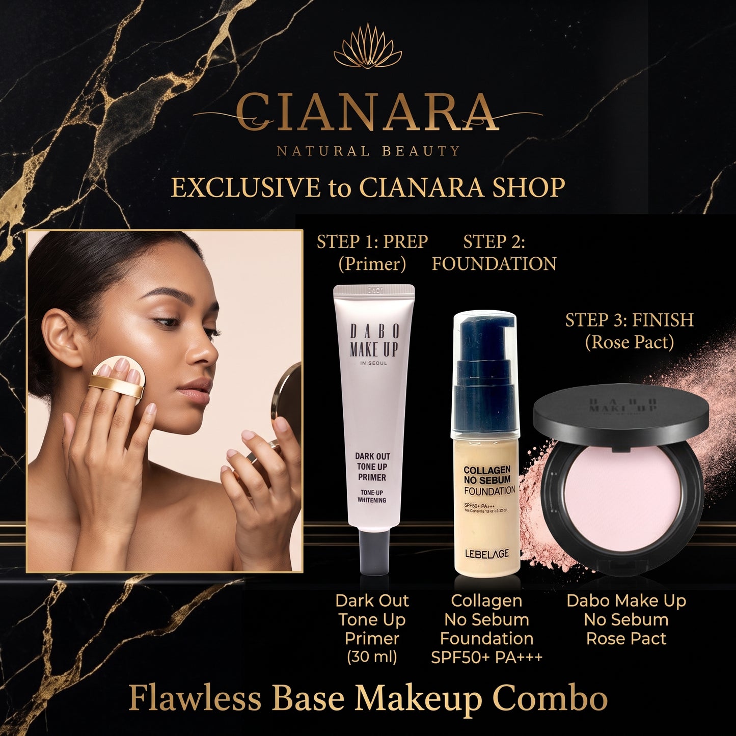 Flawless Base Makeup Combo – Lebelage Foundation + Dabo Rose Pact + Dark Out Primer (3-in-1 Set)