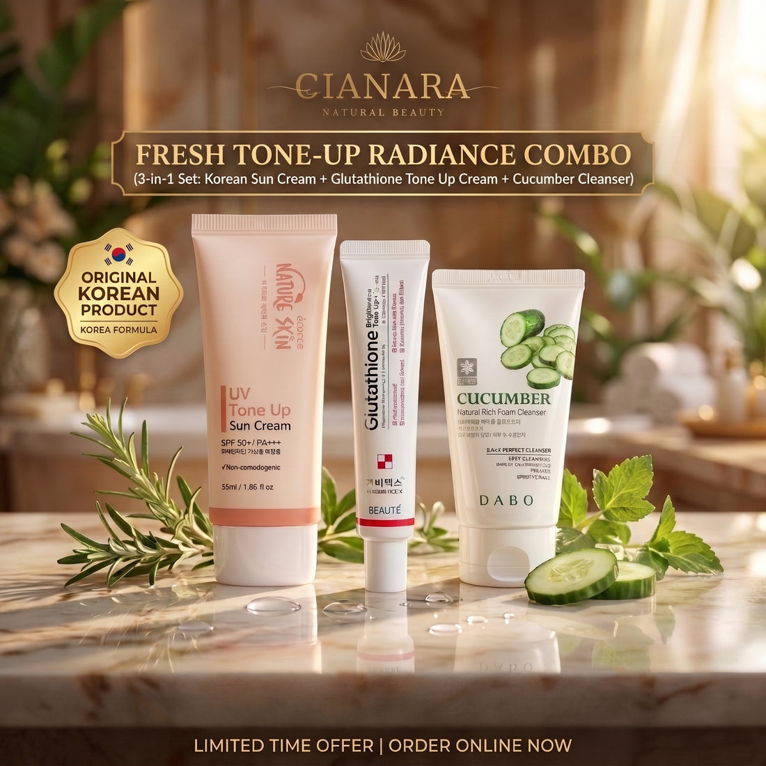 Fresh Tone-Up Radiance Combo – Korean Sun Cream + Glutathione Tone Up Cream + Cucumber Cleanser (3-in-1 Set)