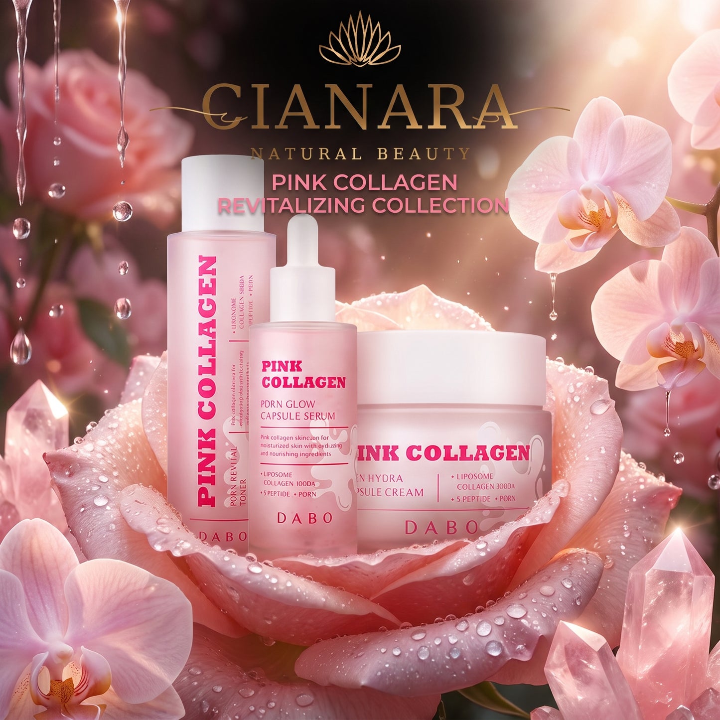 Dabo Pink Collagen PDRN Cream, Serum & Toner Combo – 3-Step Glass Glow Skincare Set