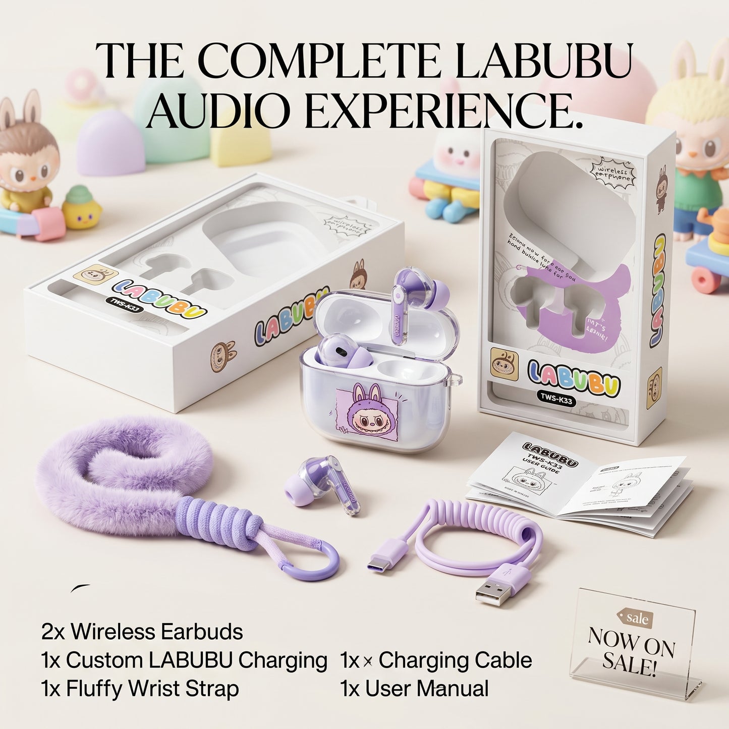 LABUBU Wireless Earbuds – Bluetooth TWS Earphones with Cute Charging Case & Wrist Strap
