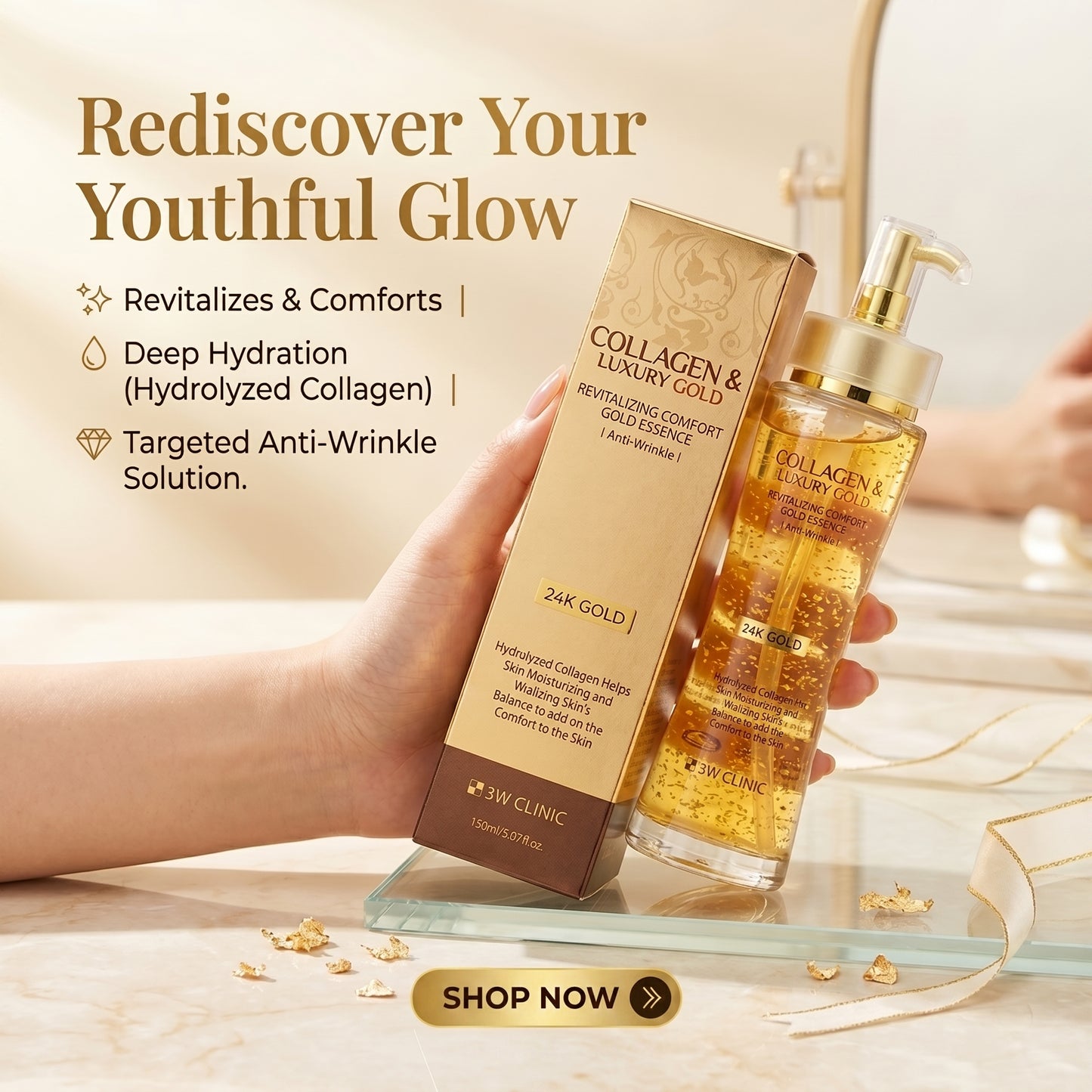 3W Clinic Collagen & Luxury Gold Revitalizing Comfort Essence 150ml – Marine Collagen | Hyaluronic Acid | Anti-Aging