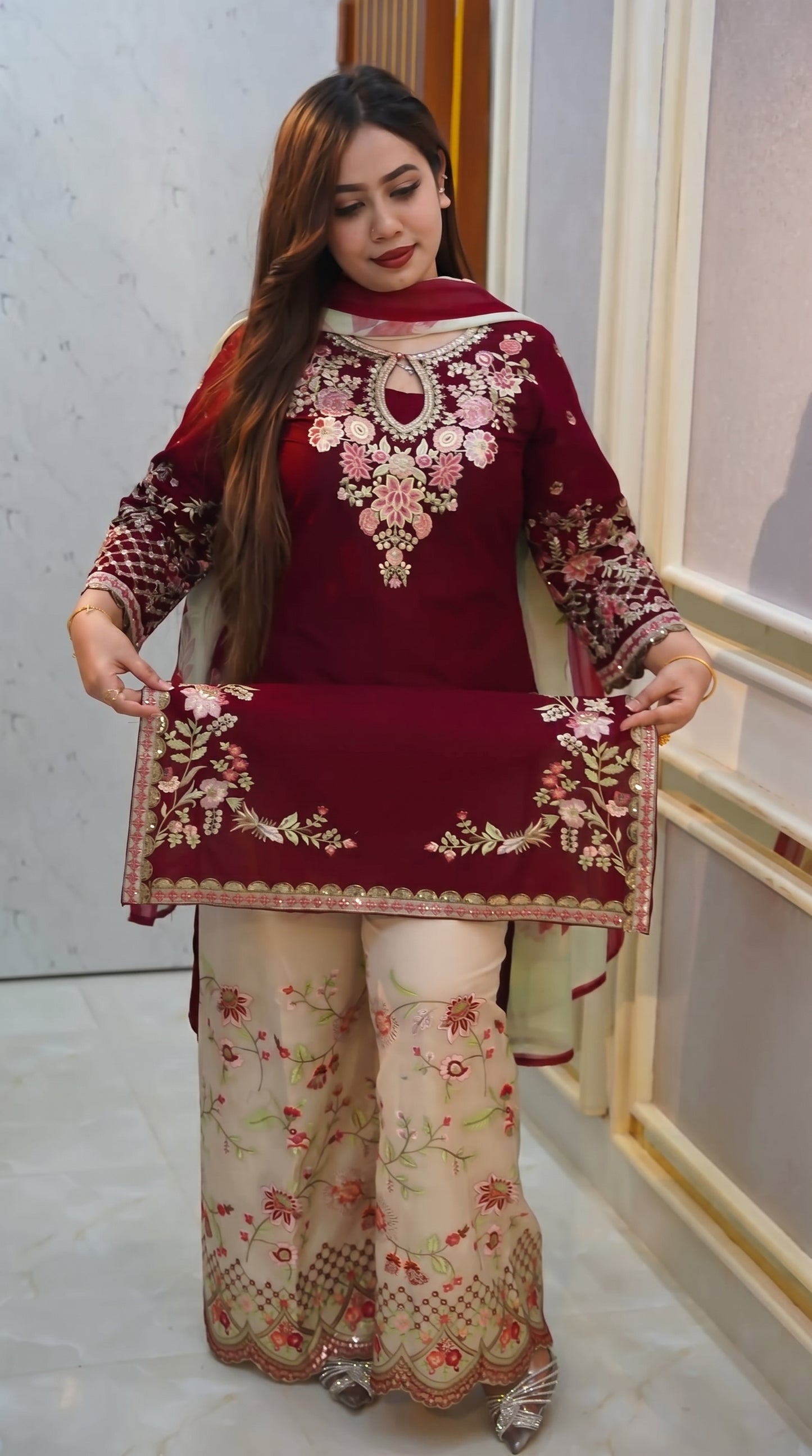 Premium Maroon Cotton Garara Suit | Embroidered Kameez & Pant