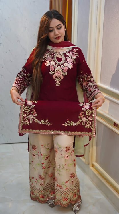 Premium Maroon Cotton Garara Suit | Embroidered Kameez & Pant