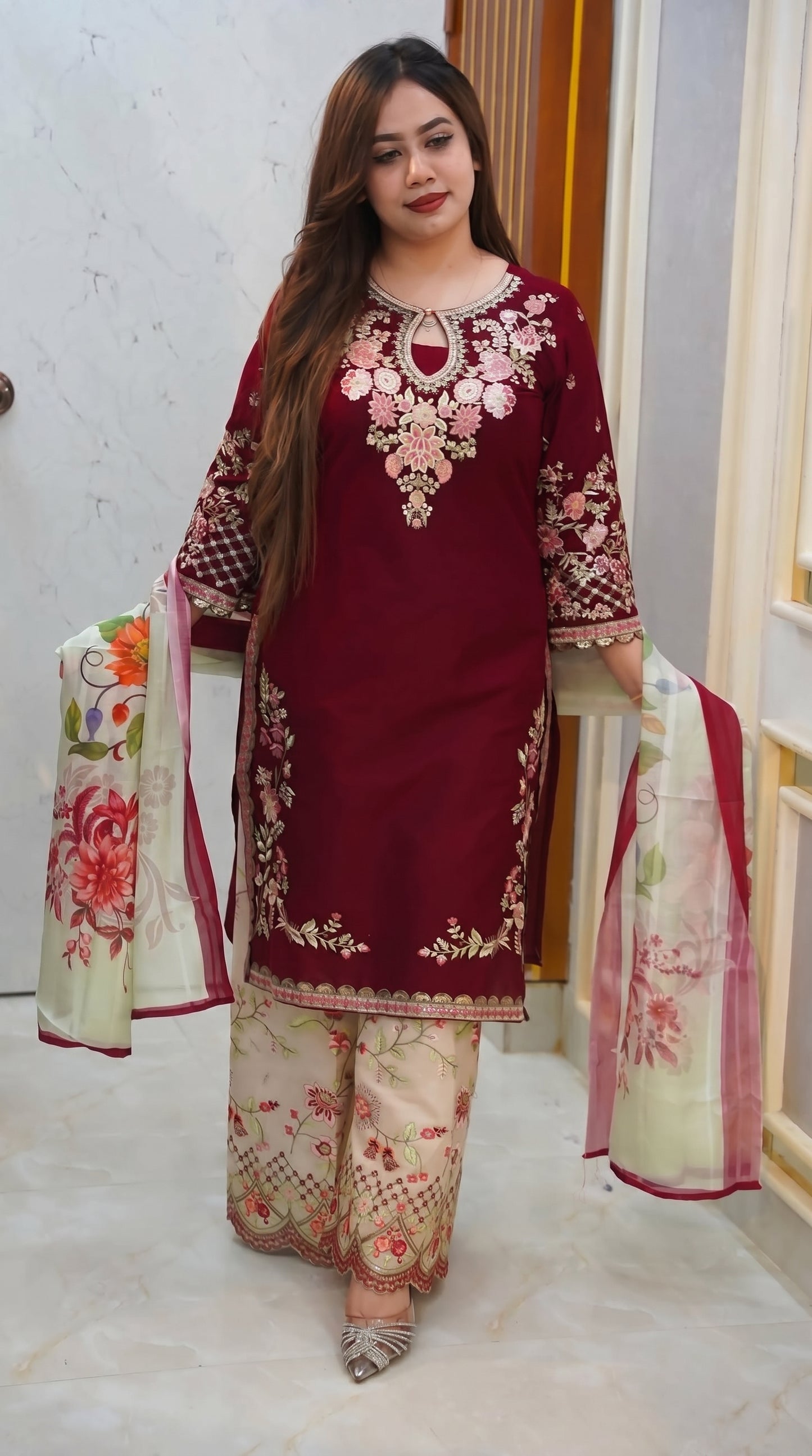 Premium Maroon Cotton Garara Suit | Embroidered Kameez & Pant