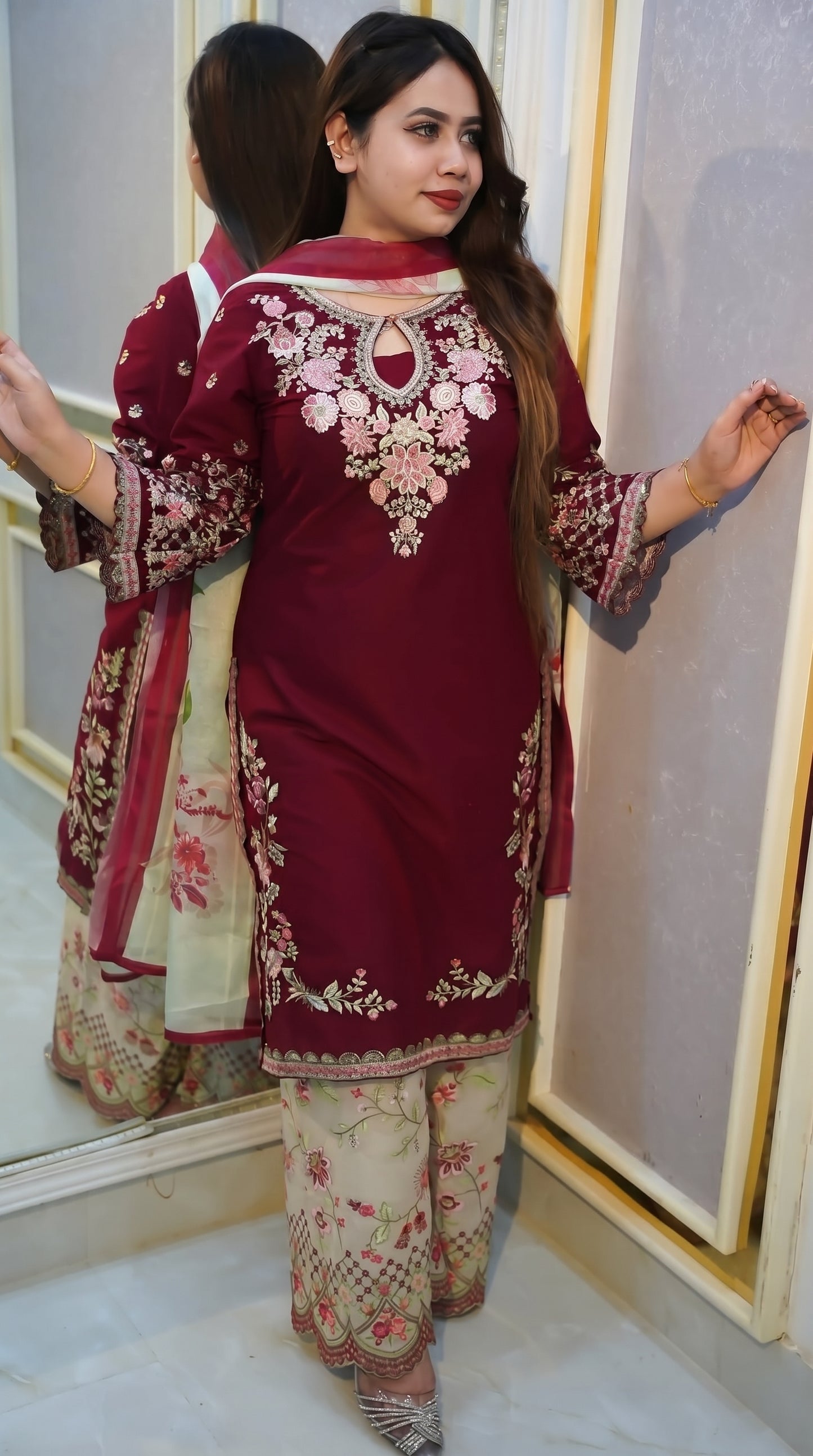 Premium Maroon Cotton Garara Suit | Embroidered Kameez & Pant