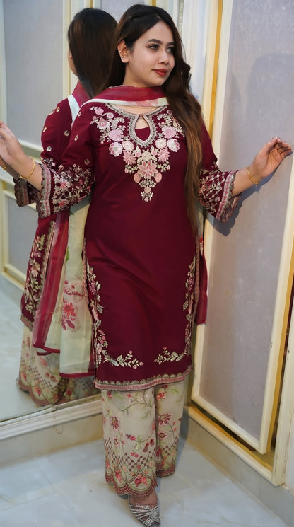 Premium Maroon Cotton Garara Suit | Embroidered Kameez & Pant