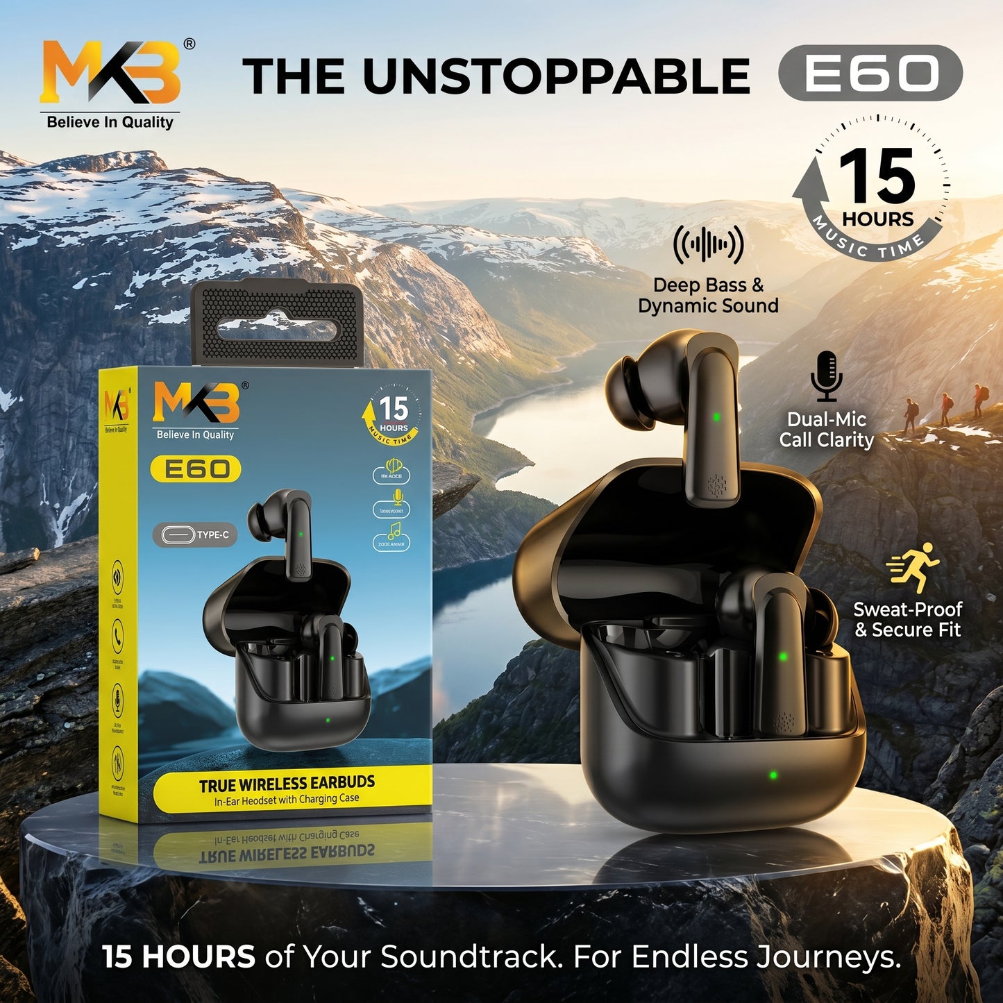 MKB E60 True Wireless Earbuds – 15 Hours Music Time | HD Sound | Type-C Charging | Voice Call | In-Ear TWS
