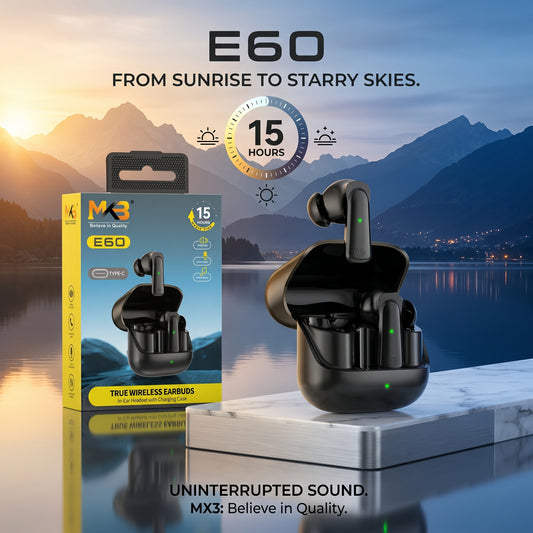MKB E60 True Wireless Earbuds – 15 Hours Music Time | HD Sound | Type-C Charging | Voice Call | In-Ear TWS