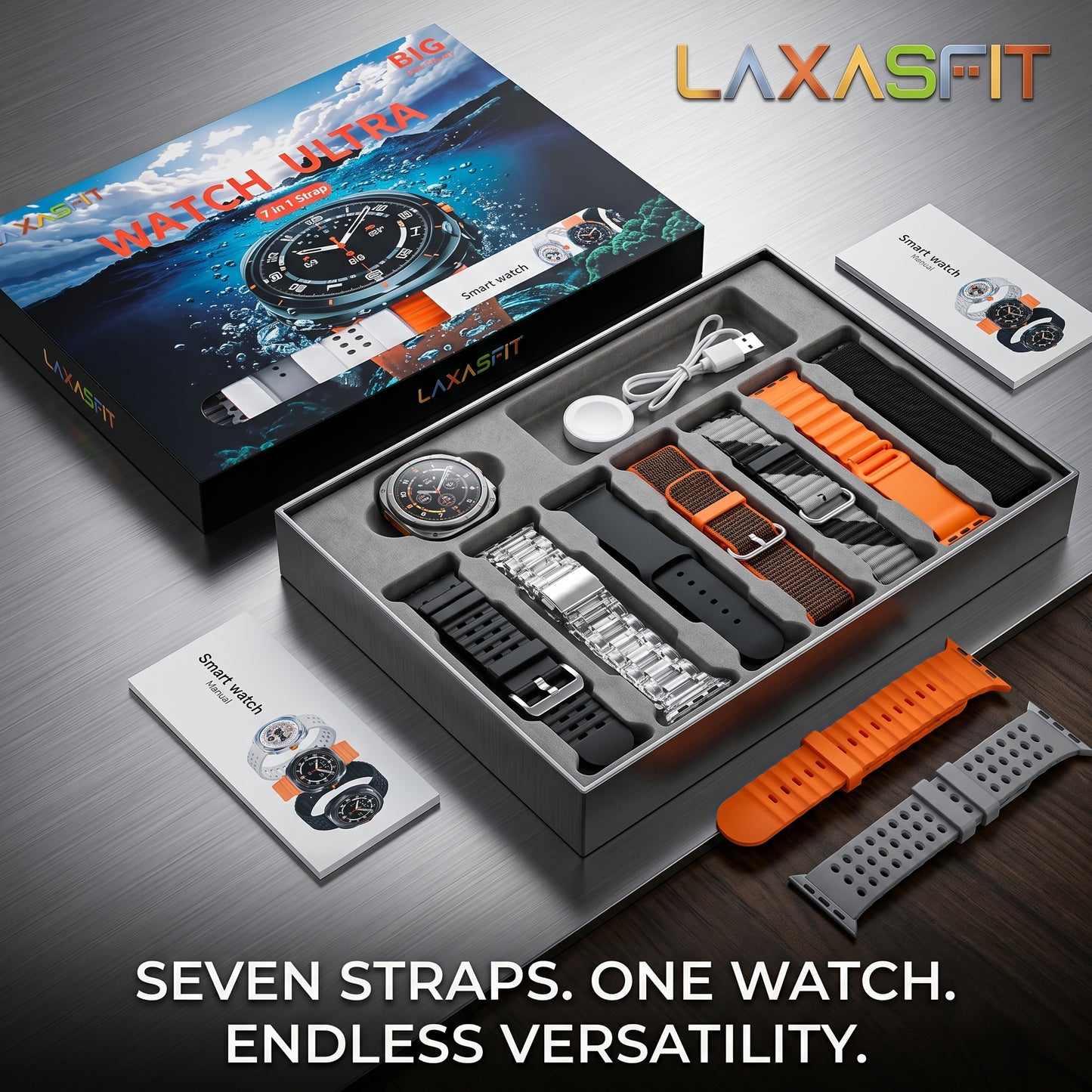 LAXASFIT Smartwatch 7+1 Set – Bluetooth Calling | Health Monitor | 7 Bands | iOS & Android Compatible