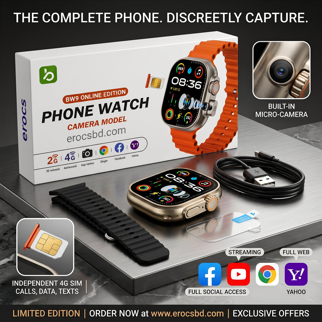BW9 প্রো 4G সিম ফোন ওয়াচ – 2.0" HD | পপআপ ফোল্ডিং ক্যামেরা | অ্যান্ড্রয়েড | 1GB র‍্যাম | ব্লুটুথ কলিং | কালো