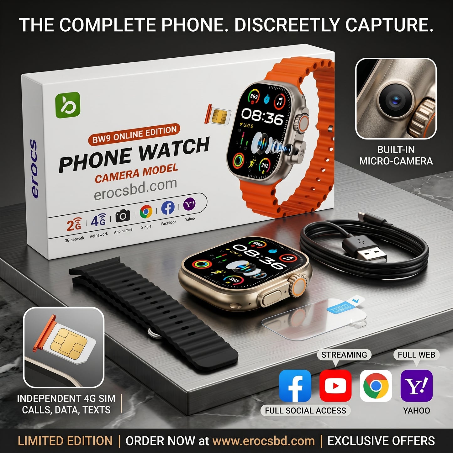 BW9 Pro 4G SIM Phone Watch – 2.0" HD | Popup Folding Camera | Android | 1GB RAM | Bluetooth Calling | Black