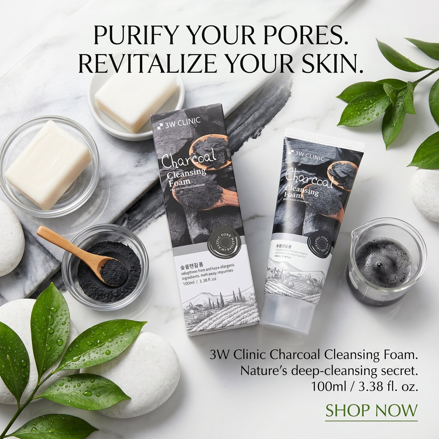3W Clinic Charcoal Foam Cleansing Face Wash 100ml – Deep Pore Cleansing | Oil Control | Instant Brightness