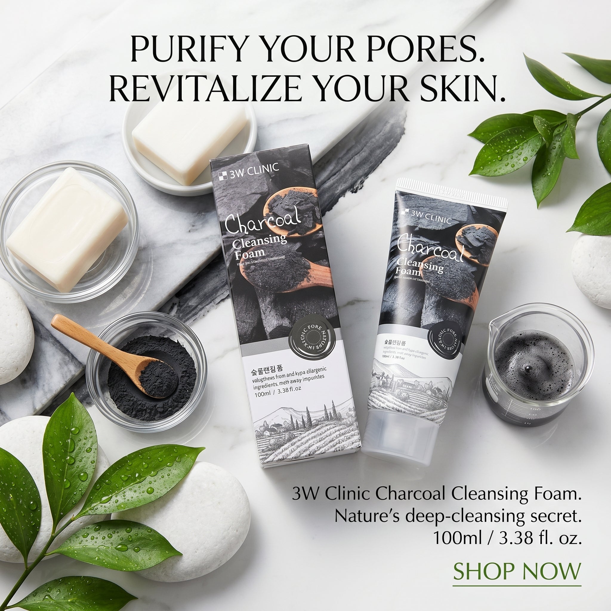 3W Clinic Charcoal Foam Cleansing Face Wash 100ml – Deep Pore Cleansing | Oil Control | Instant Brightness