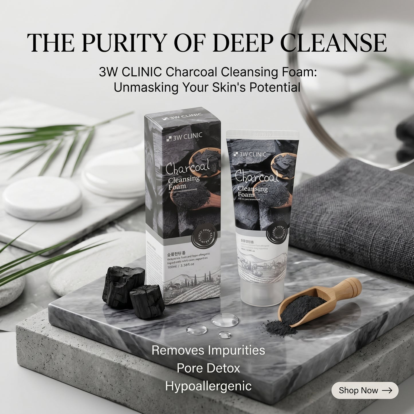 3W Clinic Charcoal Foam Cleansing Face Wash 100ml – Deep Pore Cleansing | Oil Control | Instant Brightness