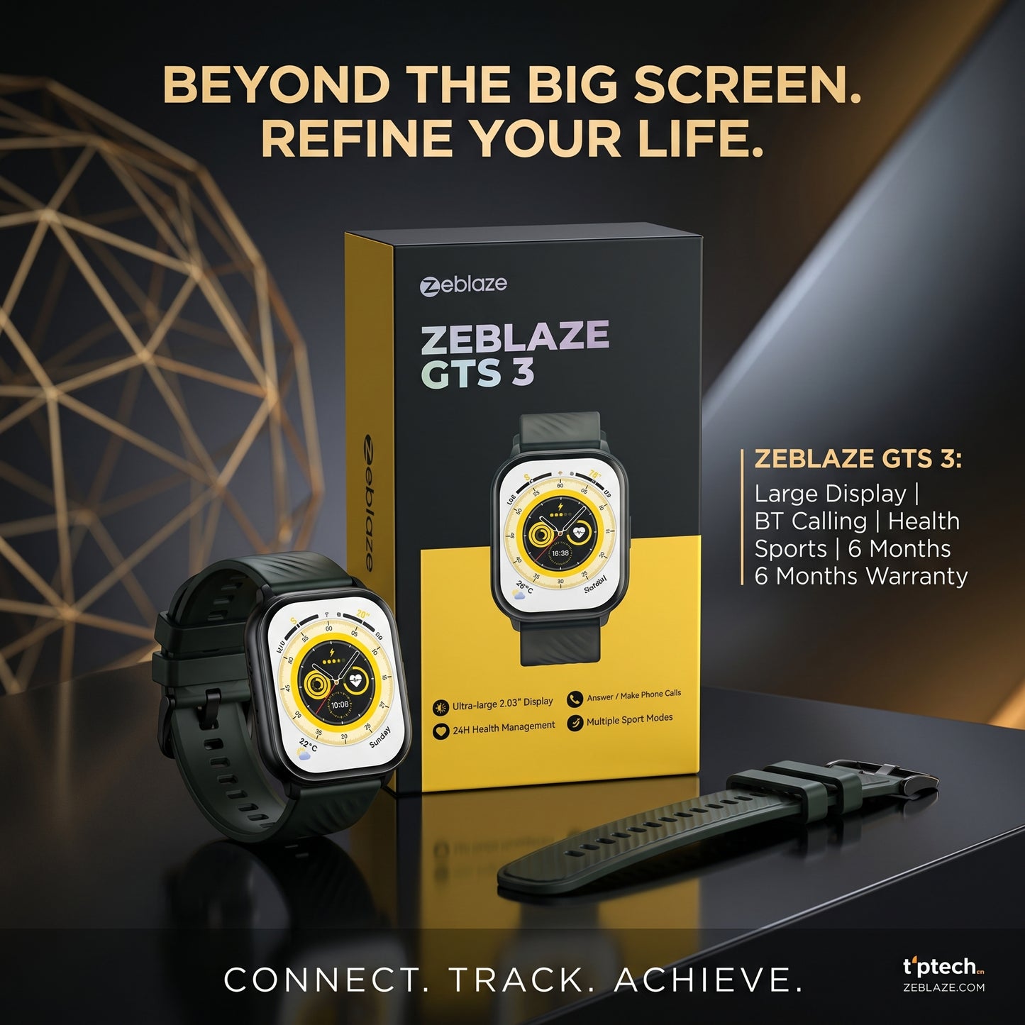 Zeblaze GTS 3 Smartwatch (Black) – 2.03" IPS Display | Bluetooth Calling | 15-Day Battery | 100+ Sports Modes